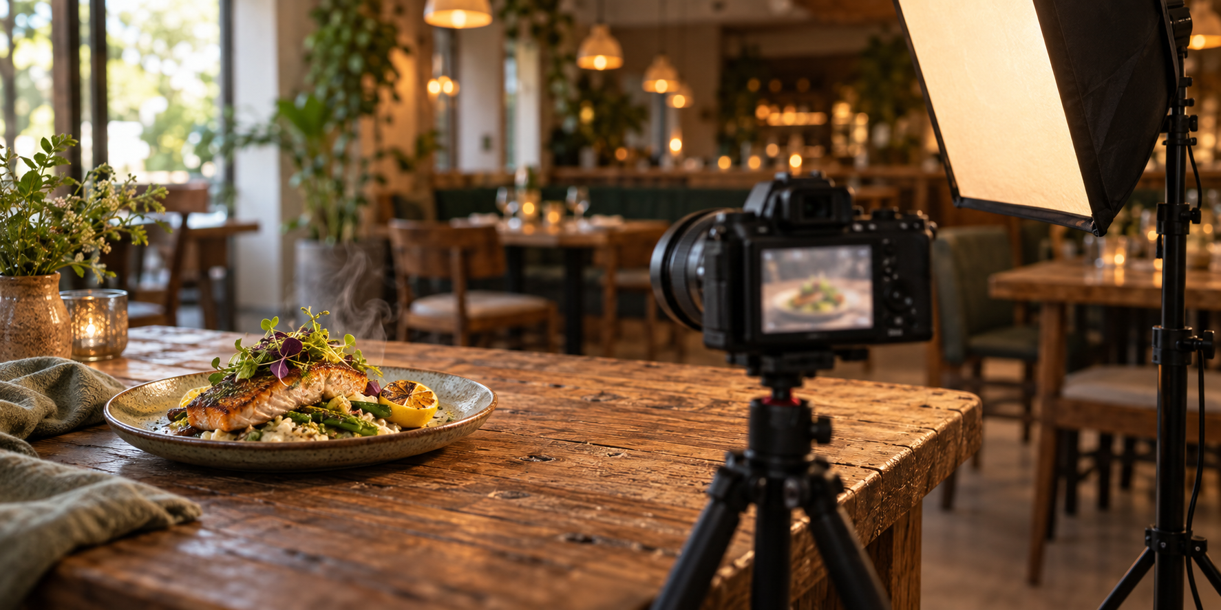AI-generated concept of a food photography shoot with a camera and light in a restaurant